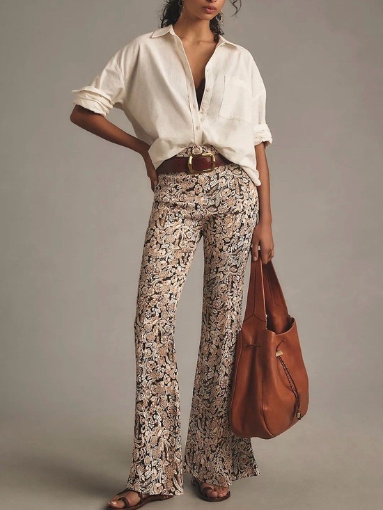Anthropologie Pants - Anthropologie Floral Satin Flare Pants Retro Boho Size 2 Black Brown Cream